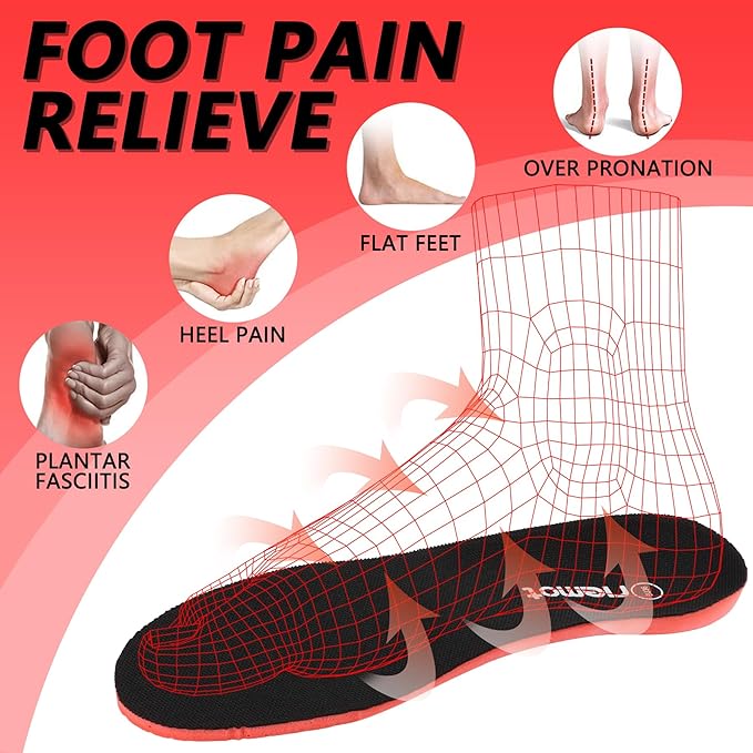 riemot Fitness Running Insoles for Men Comfortable Arch Support Inserts Plantar Fasciitis Relief Insole Cushioning Athletic Gel Insert for Sneakers,Hiking Shoes Black US9/ EU42