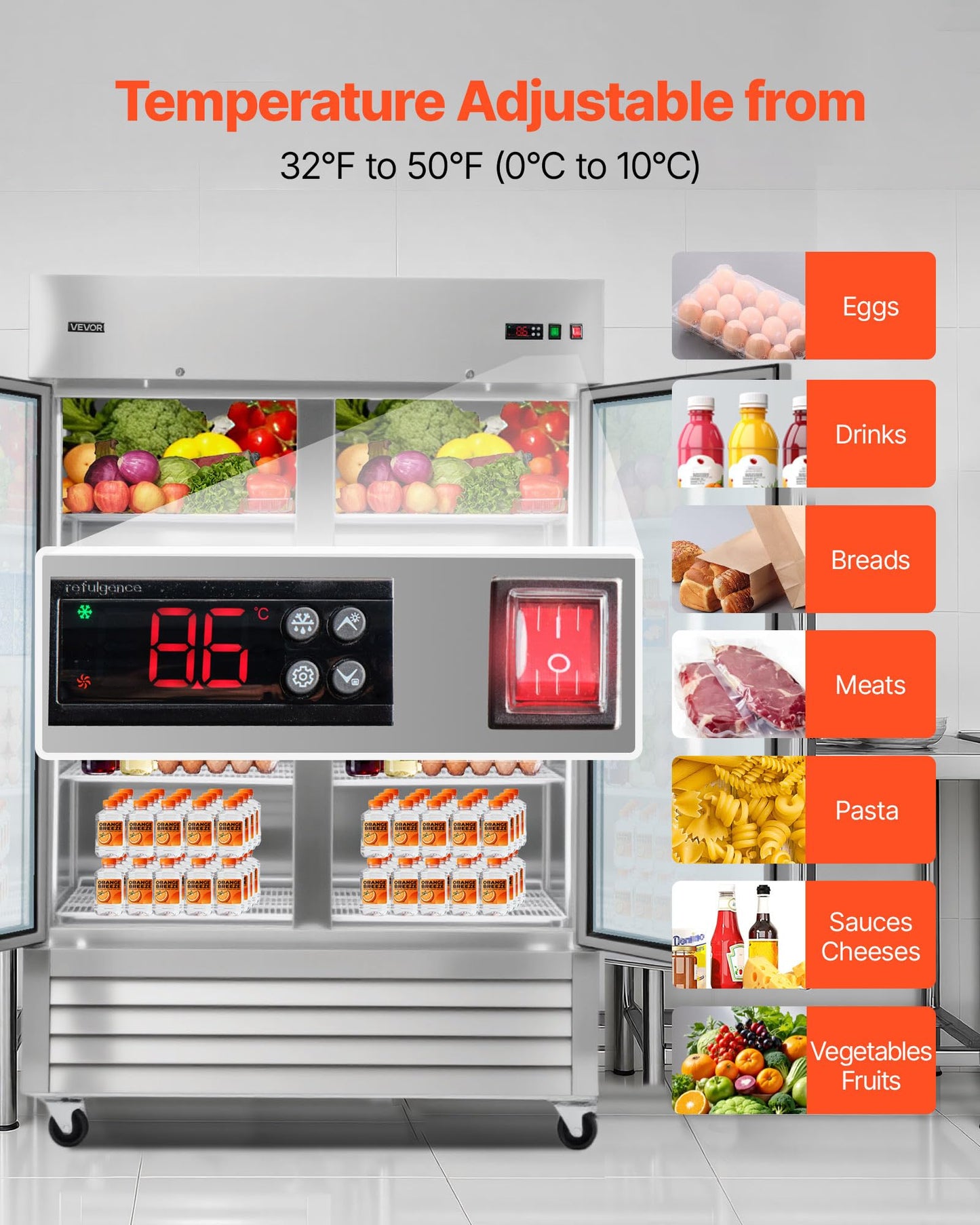 VEVOR Commercial Reach-In Refrigerator 54" W, 44 Cu.Ft Stainless Steel Upright Refrigerator with Double Glass Doors, Auto-Defrost, 8 Adjustable Shelves, 32 to 50℉ Temp Control, ETL Certified
