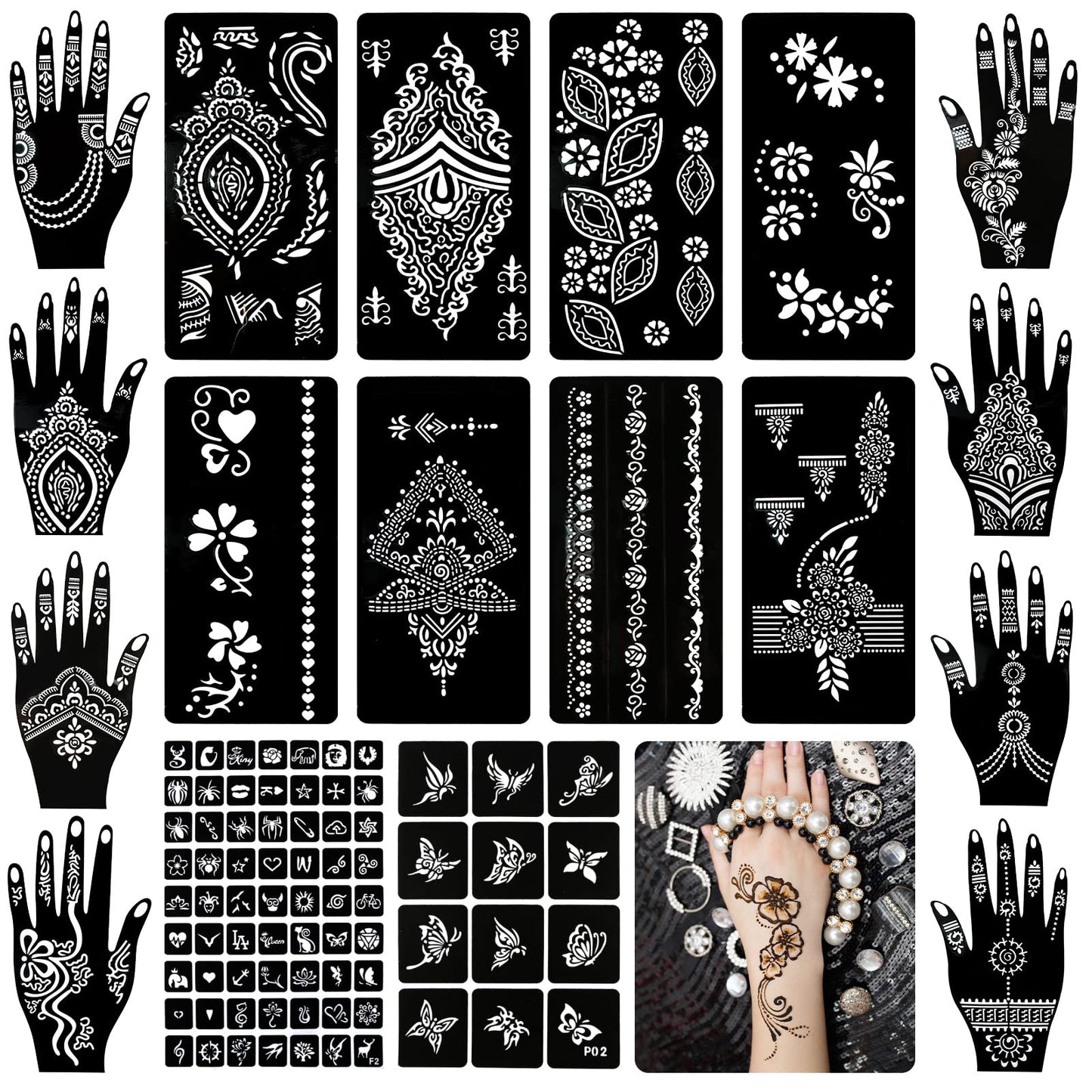 Koogel 18 Sheets Henna Tattoo Stencils, Temporary Flower Patterns Glitter Airbrush Tattoo Kits Arabian Stickers for Women and Gi