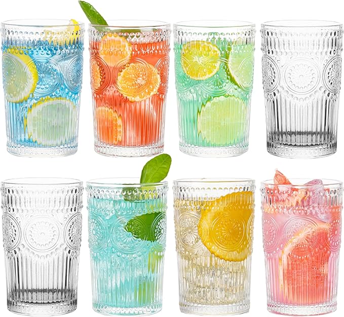 Claplante Vintage Highball Glasses, Set of 8 Glass Drinking Glasses, 13.5 oz Durable Drinkware Cups for Cocktails, Water, ...