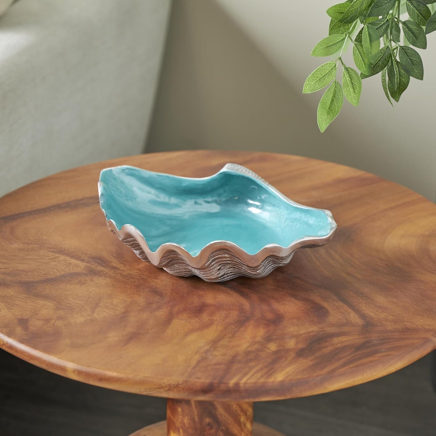 Deco 79 Aluminum Metal Shell Serving Bowl Shell with Enamel Interior, 12" x 9" x 3", Teal
