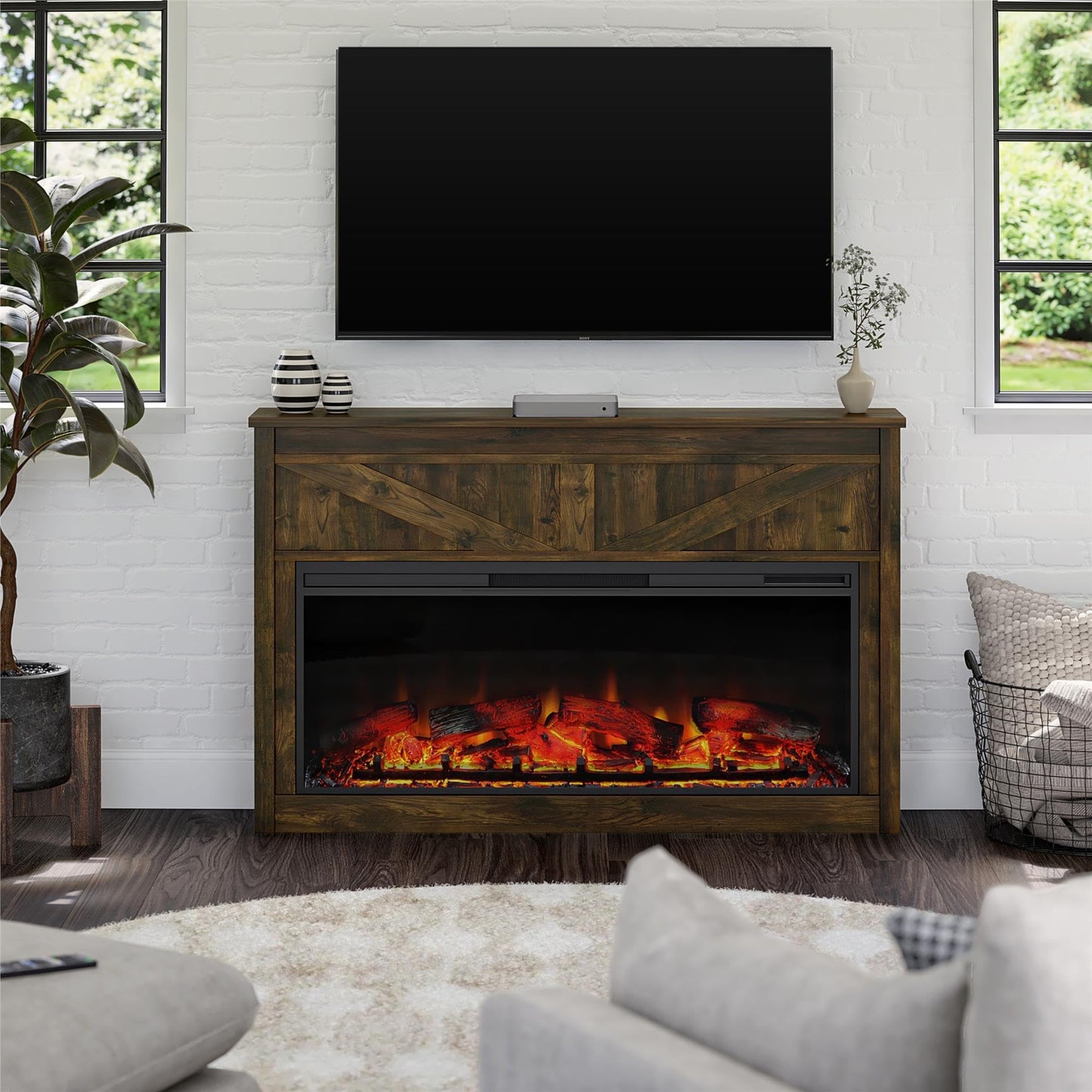 Ameriwood Home Farmington 49 Inch Electric Fireplace with Mantel, Replaceable Fireplace Insert Heater. Remote Control, Timer, Realistic Log and Flame Effect, Century Barn Pine