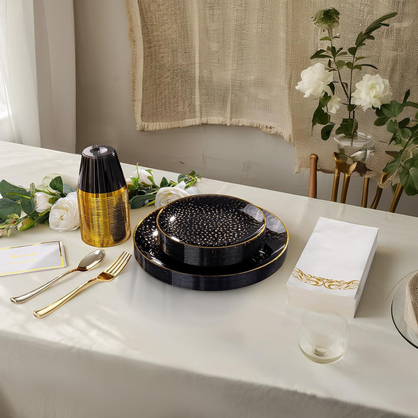 Rubtlamp 60Pcs Black Plastic Plates, Black Disposable Plates With Gold Rim, Clear Heavy-duty Party Plates, Hammered Plastic plates Include 30 Dessert Platos, 30 Dinner Platos for Party, Halloween