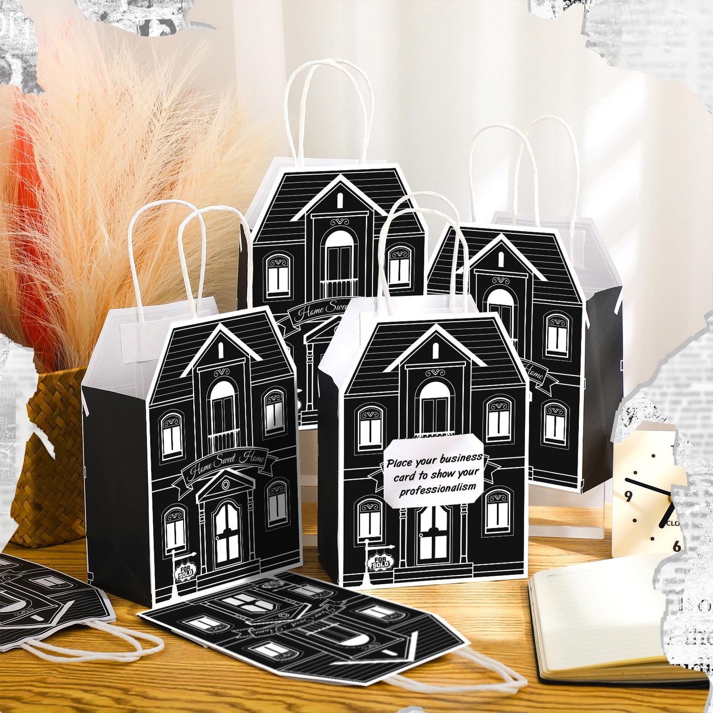 Colarr 50 Pcs House Shaped Gift Bag Real Estate Agent Supplies Real Estate Treat Bag with Handles Kraft for Home Party Gift Shopping Business New Home Buyers Agent Supplies(Black)