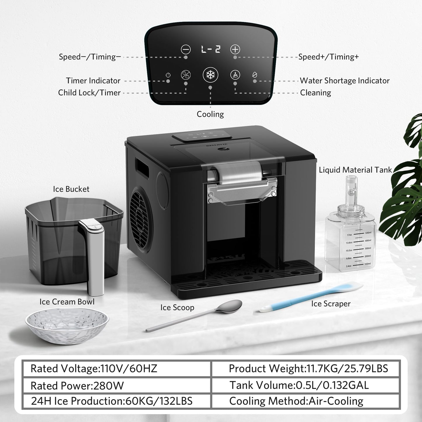 Bellatte Shaved Ice Machine with Compressor | 60s Fast Fluffy Slushie & Snow Cone Maker | No Pre-Freezing | Sugar-Free Friendly | Self-Cleaning | 16oz Frozen Drink Maker for Home, Party & RV
