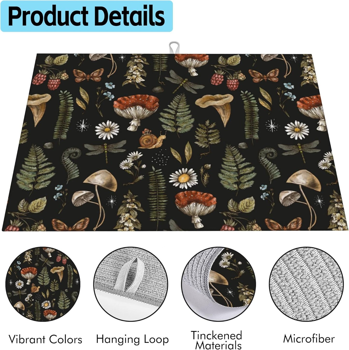 Large Dish Drying Mat for Kitchen Counter,18"X24" Amanita Mushroom and Forest Plants Absorbent Reversible Microfiber Dish Drying Mat Dish Drainer Mat Drying Pad for Kitchen Countertop Coffee Bar