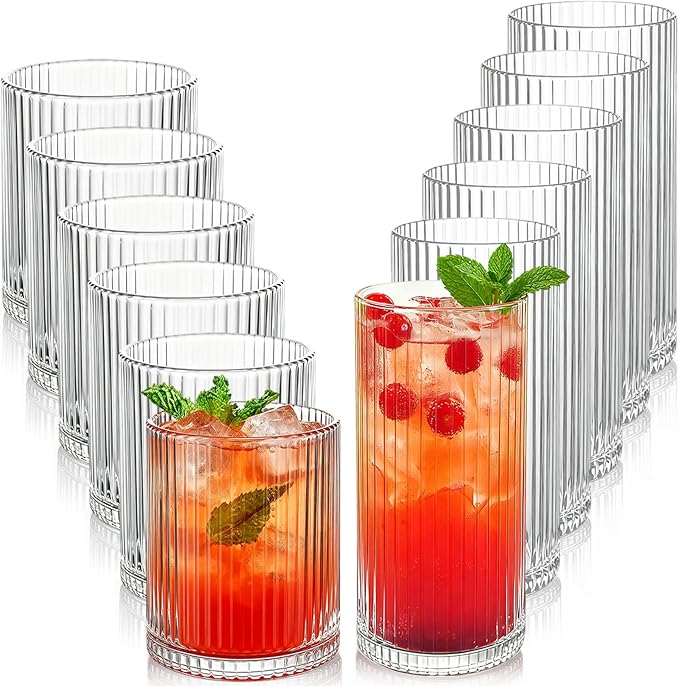 Lumkit Ribbed Drinking Glasses 12pcs, 12oz and 10oz Glassware, Tumbler Glasses Cup Set for Wedding, Party, Christmas Gift,...