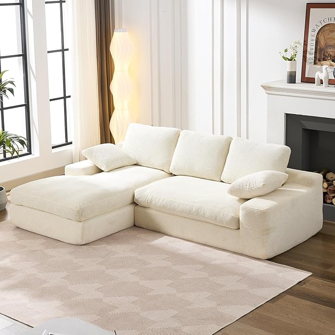 98.4" Cloud Modular Sectional Couch with Chaise,L-Shaped Modern Upholstered Sofa with Deep Seat,Corduroy Sectional Couches for Living Room and Bedroom,No Assembly Required(Beige)