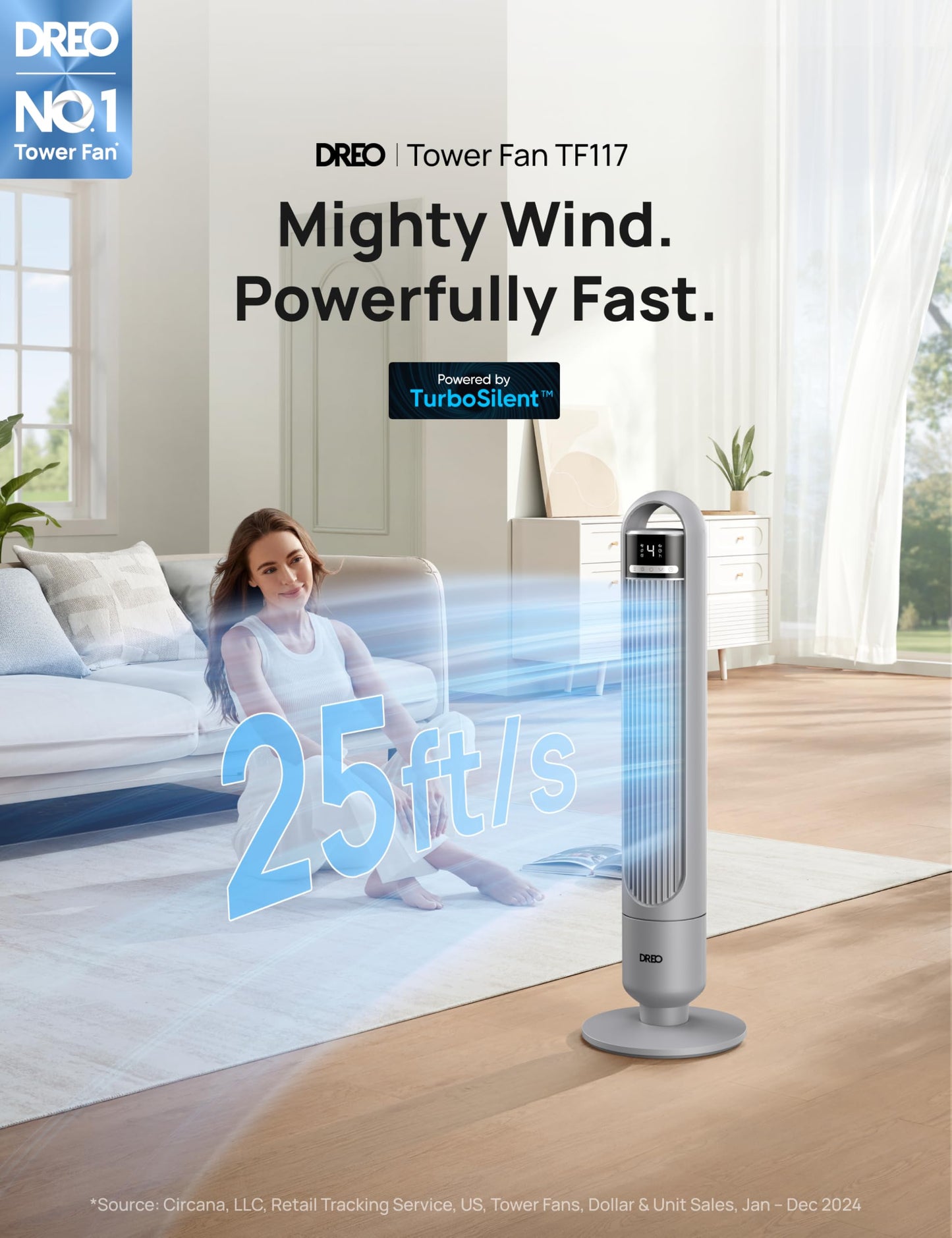 Dreo Tower Fan For Bedroom, 4 Speeds, 3 Modes Standing Fans For Room With 90 Wide Oscillating, 28Db Quiet For Sleep, 25Ft/S Velo