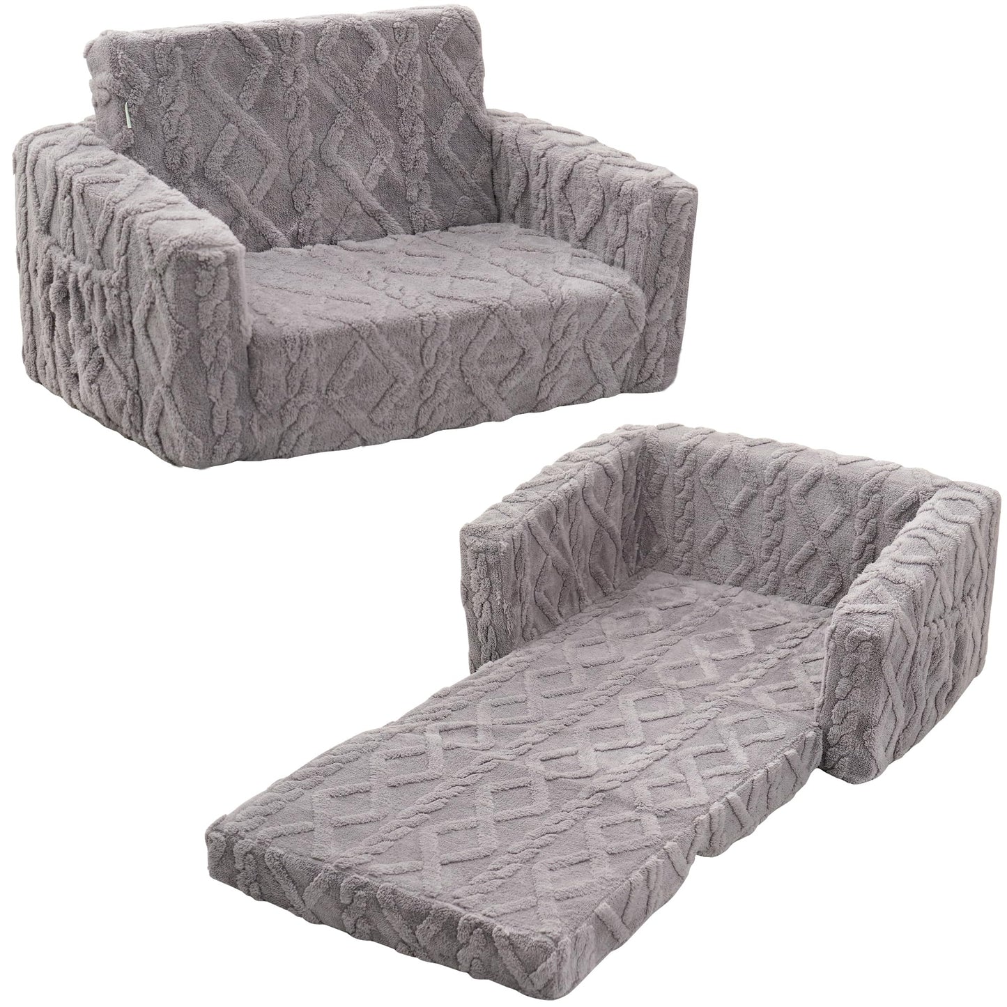 MallSingel Toddler Couch for Kids – 2-in-1 Fold Out Sofa and Lounger, Soft Flannel Convertible Chair, Flip Open Kids Couch (Grey)