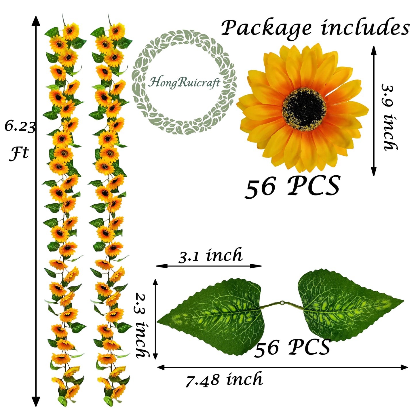 HongRuicraft Artificial Garlands and Wreaths Having 28 Flowers,6.23ft Yellow Flower Room Kitchen Garden Birthday Wedding Shower Party Table Decor Wall Decor Artificial Flowers for Outdoors（2 Items）