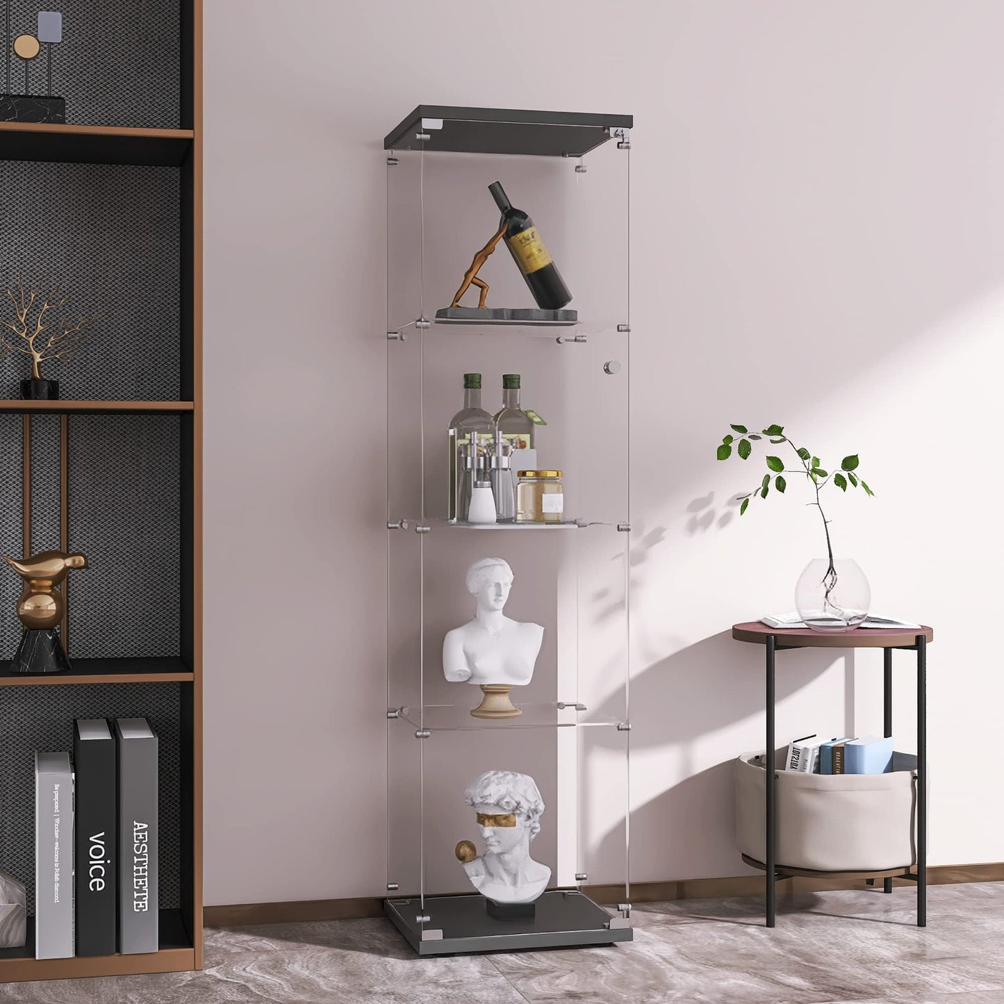LFT HUIMEI2Y Glass Display Cabinet 4-Shelf with Door and Lock, Curio Cabinets Upgraded Quick-Install Style Tempered Glass Floor Standing Bookshelf for Bedroom, Living Room 65”x 17”x 14” Black