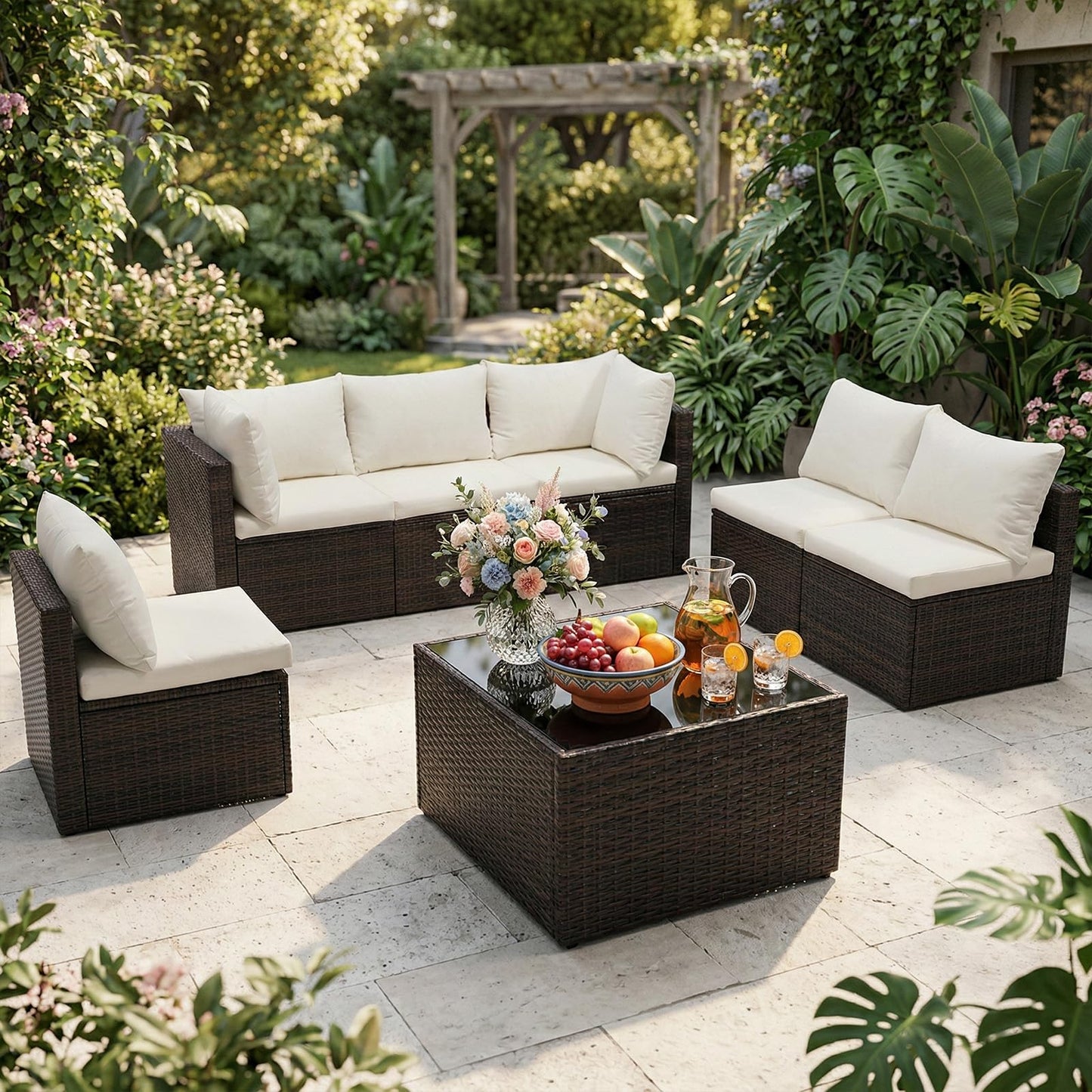 NEWBULIG 7-Piece Outdoor Patio Sectional Sofa, Weather-Resistant Modular Wicker Rattan Furniture Set with 2.8" Cushions, Tempered Glass Table & Adjustable Feet for Deck, Backyard, Poolside (Brown)