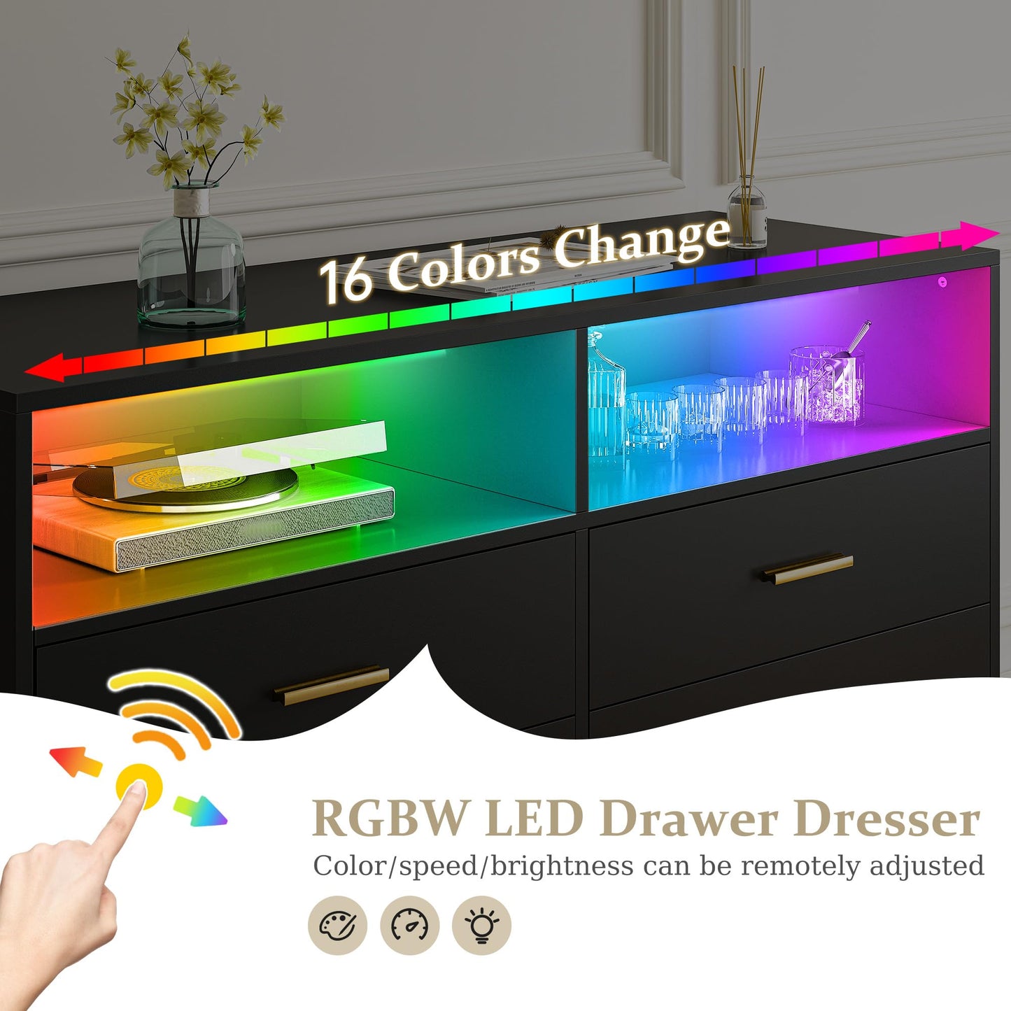 Black Dresser with LED Lights, Wood Dresser for Bedroom with 6 Wide Large Drawers,2 Open Shelves Top, Elegant Chest of Drawers for Clothes Storage Living Room Hallway Entryway, 47.2" W