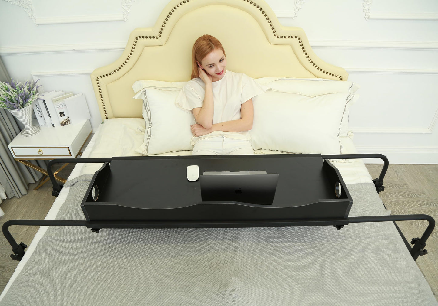 UNICOO® Adjustable Overbed Table, Over The Bed Table with Wheels, Medical Overbed Table with Wheels Adjustable Height, Rolling Desk for Full/Queen/King Bed, Sturdy Wood & Steel Frame (202-Black)