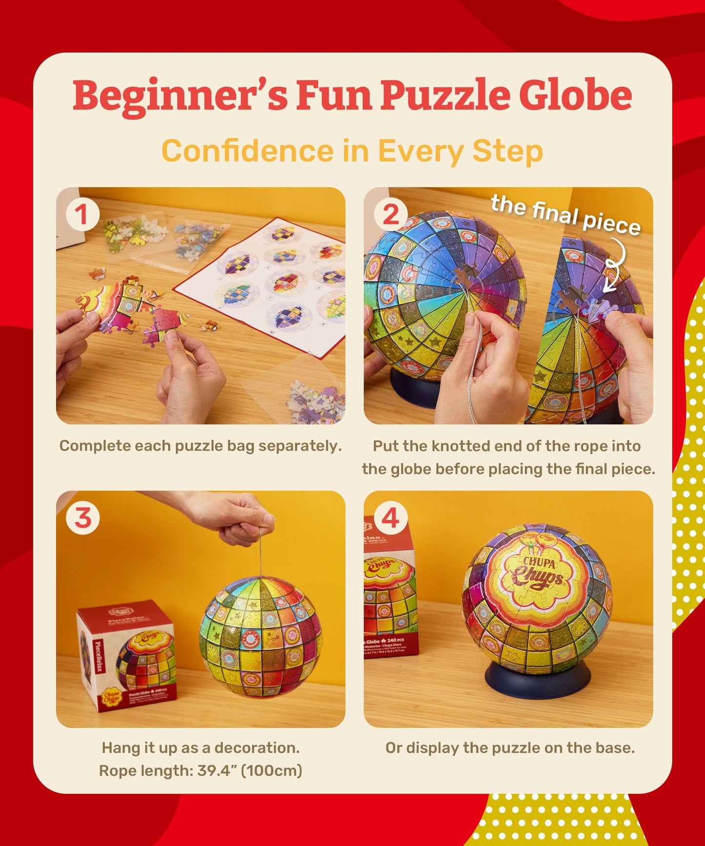 Chupa Chups X PieceRelax 3D Puzzle Ball 6-inch 240 Pieces - Timeless Memories - Chupa Disco Unique Gift & Home Décor with Curved Plastic Puzzle Pieces [A3905]