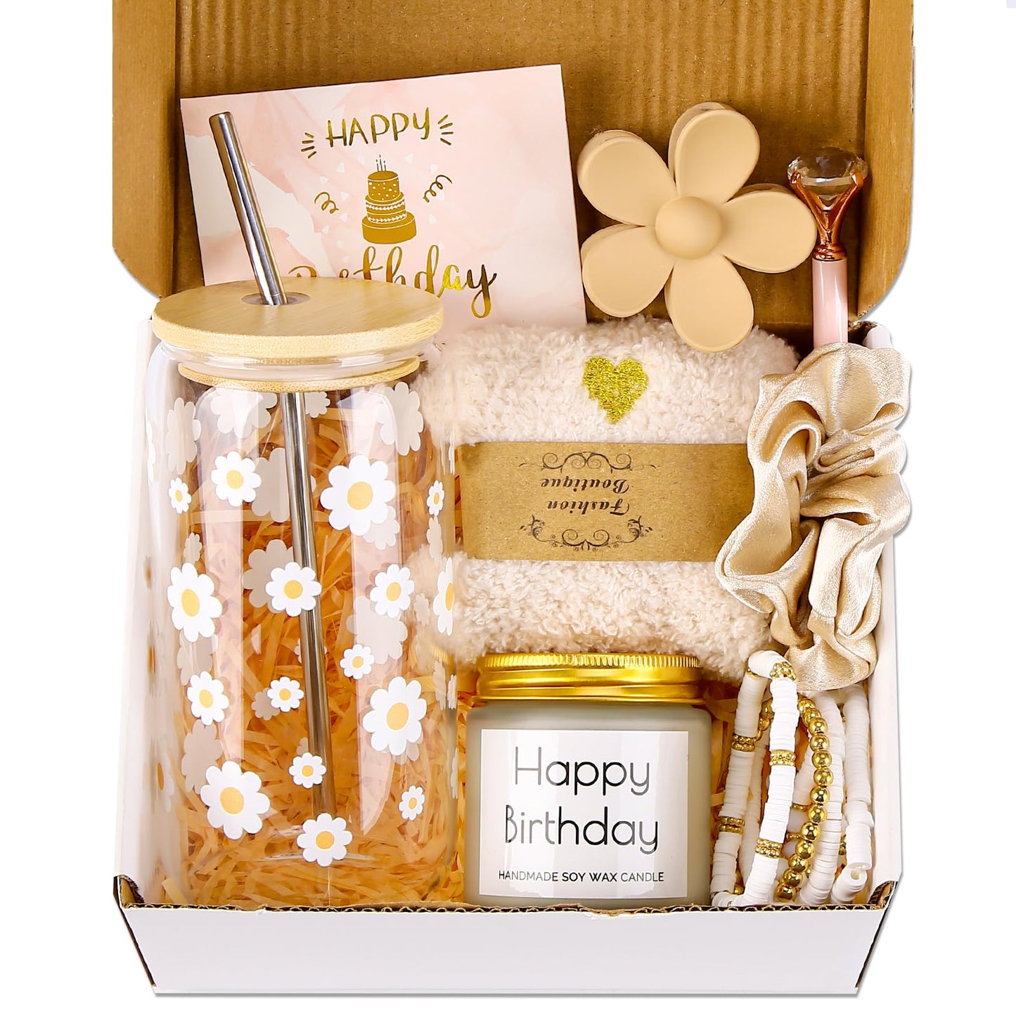 Birthday Gifts for Teen, Cute Inspirational Gift Daisy Presents Set Ideas for Sister Daughter Friends, Happy Birthday Gift Basket with Ice Glass Cup for Her (Beige)