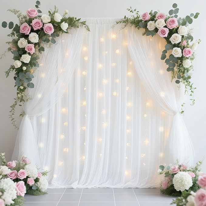 Fomcet White Backdrop Curtains with Lights String 10X8FT Polyester Fabric & Tulle Curtains Backdrop Drapes for Back Drop P...