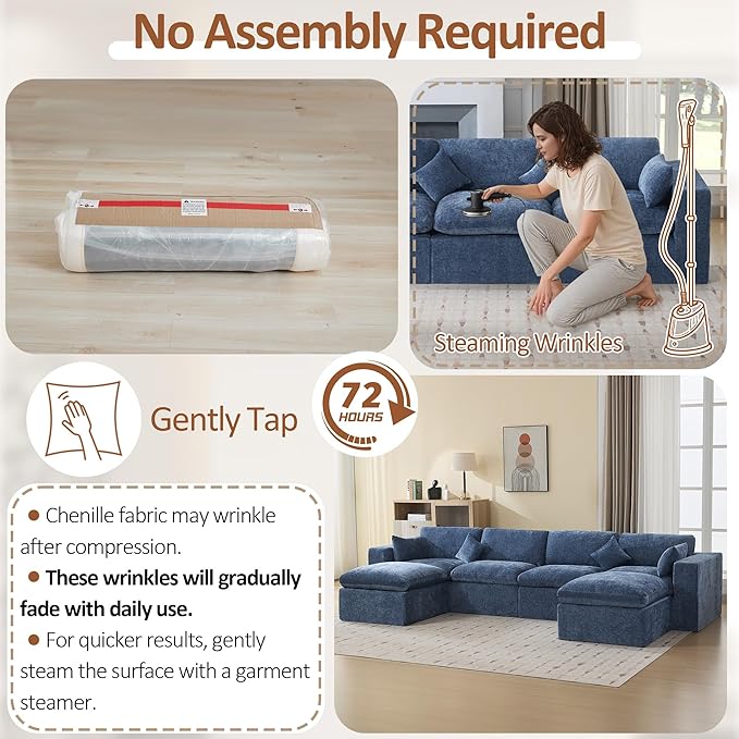 155''Cloud Boneless Sectional Couch, Modular Sectional Sofa Deep Seat with 2 Ottomans, Oversized Upholstered Convertible Comfy 6 Seater Chenille Sofa U Shape Couches for Living Room, Blue
