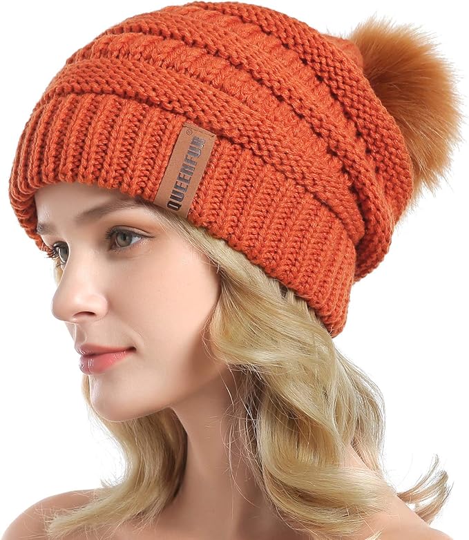 QUEENFUR Women Knit Slouchy Beanie Chunky Baggy Hat with Faux Fur Pompom Winter Soft Warm Ski Cap