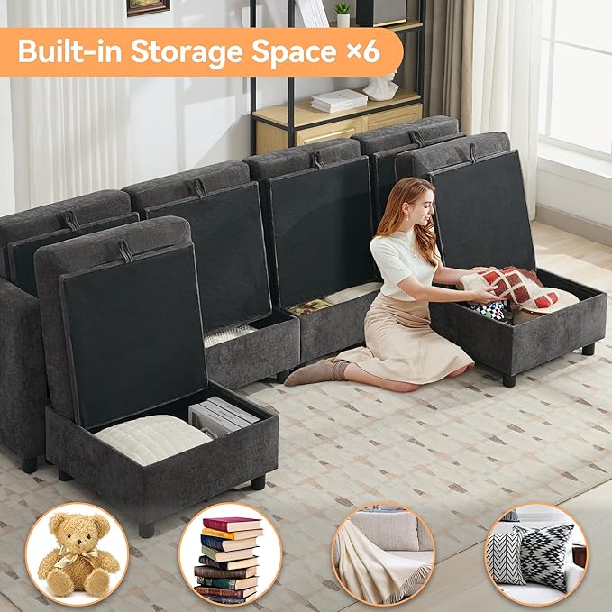 WUTUTUEE 107”Modular Sectional Sofa Convertible U Shaped Sofa Couch Set with Storage for Living Room, Modern 6 Seater Modular Sectional Couch with Movable Ottoman, Chenille(Dark Grey)