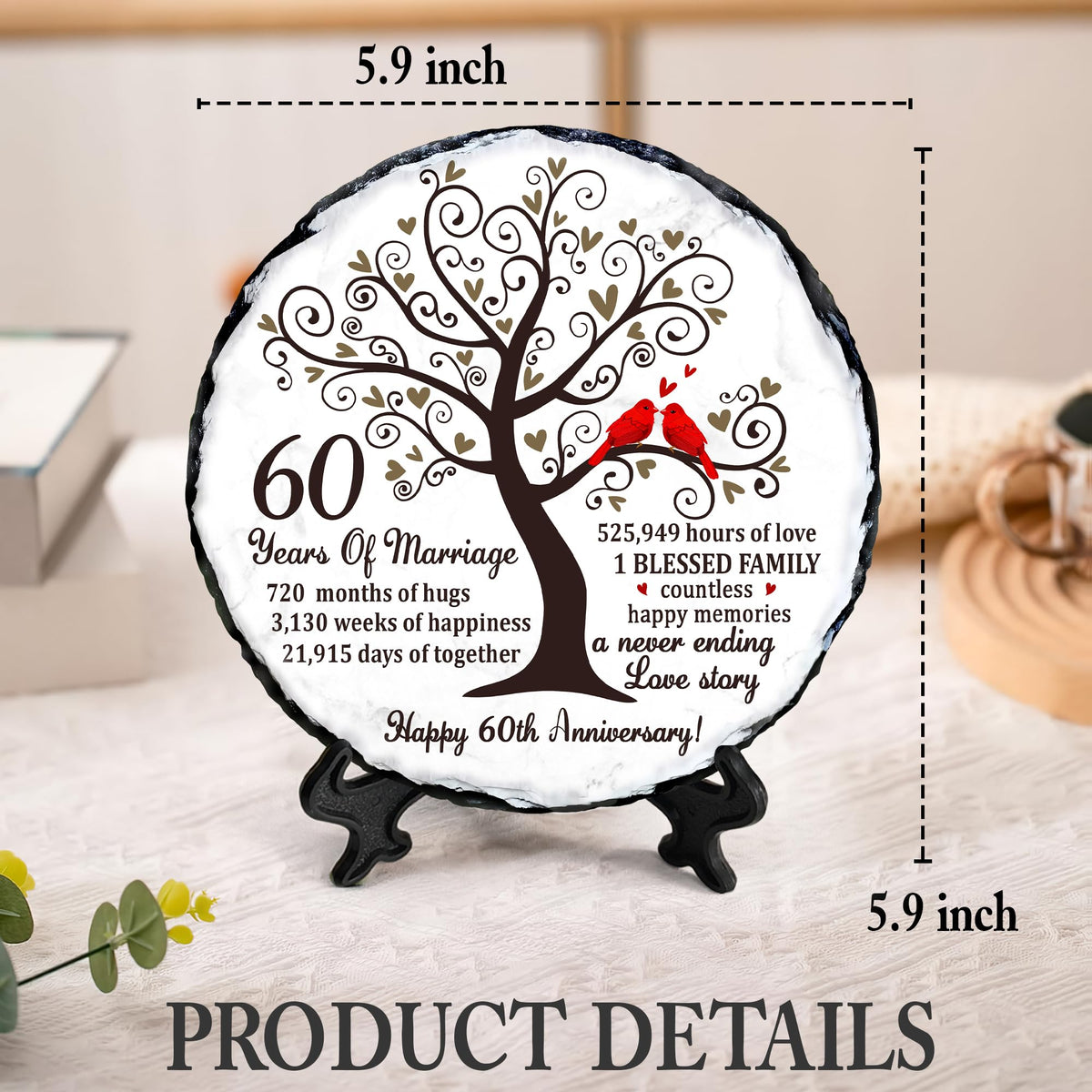 Bozspacer 60th Diamond Wedding Anniversary Natural Slate - 60th Wedding Gifts for Parents Grandparents - 60th Anniversary Decorations Unique Gift Ideas - 60 Years of Marriage Plaque, Keepsake