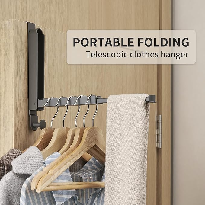 Over The Door Hooks Hanger Fit Door up to 1 3/4" Optimal 1pc,Over The Door Hanger with Retractable Rod,Foldable Over The Door Drying Rack for Laundry Bathroom Bedroom (Space Grey, 1 Pack)