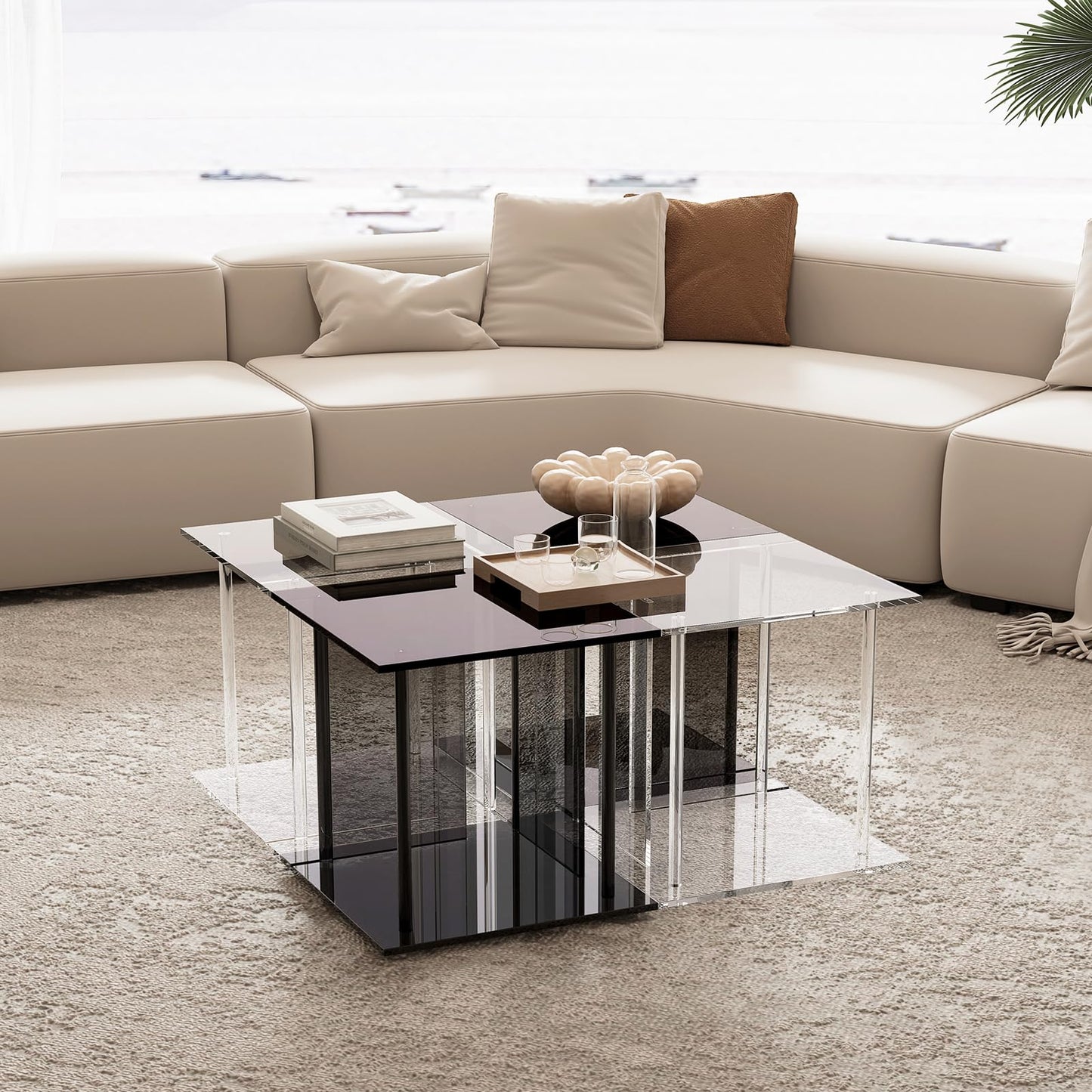 Modern Side Table, Small End Table, Acrylic Transparent Nightstand with Storage for Living Room, Bedroom, Office, Bedside, Square, Clear