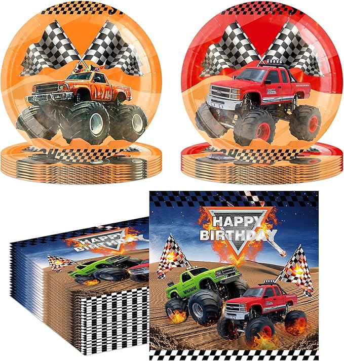40PCS Monster Truck Party Supplies Decorations Birthday Paper Plates and Napkins Car Themed Party Decorations Disposable D...
