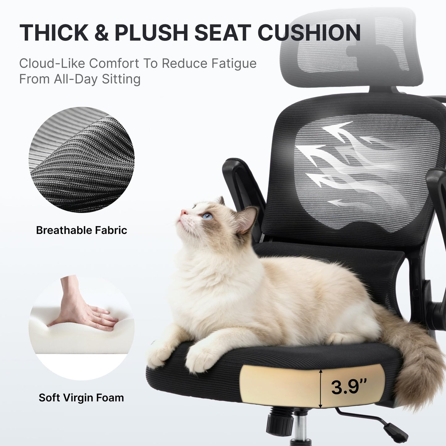 Yulincke 330Lbs Ergonomic Office Chair with 3D Headrest, Home Office Desk Chairs with Adjustable Lumbar Support,Flip-up Armrests, Thickened Cushion – Breathable Mesh Design for Long-time Sitting