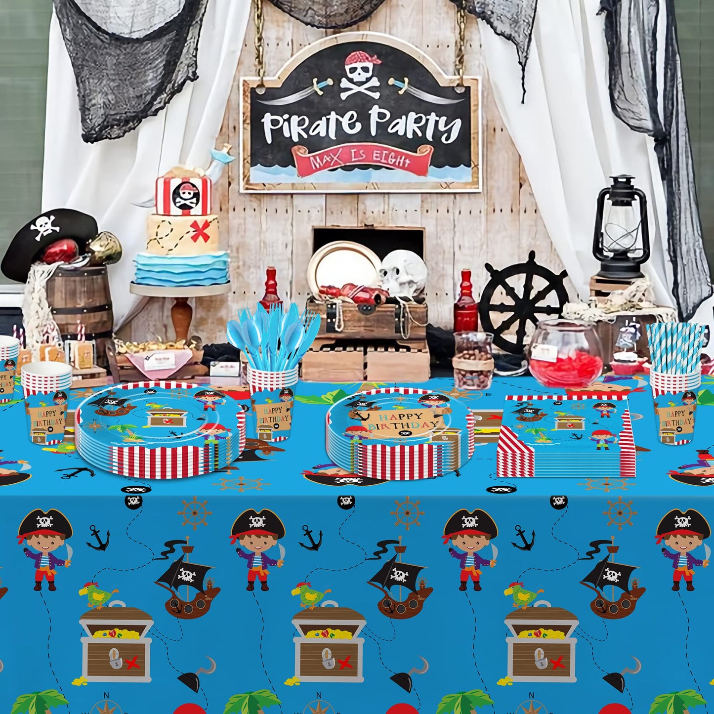 APOWBLS Pirate Birthday Party Supplies - Pirate Party Decorations Tableware For Kids, Pirate Plate, Napkin, Tablecloth, Fork, Pirate Birthday Plates And Napkins Party Decorations Dinnerware | Serve 24