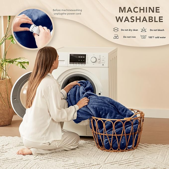 Homemate Electric Heated Blanket Twin - 62"x84" Heating Bed Blankets Throw with 10 Heating Levels 8 Hours Auto Off Fast Heating Over-Heated Protection Ultra Soft Warm Flannel ETL Certified Navy Blue