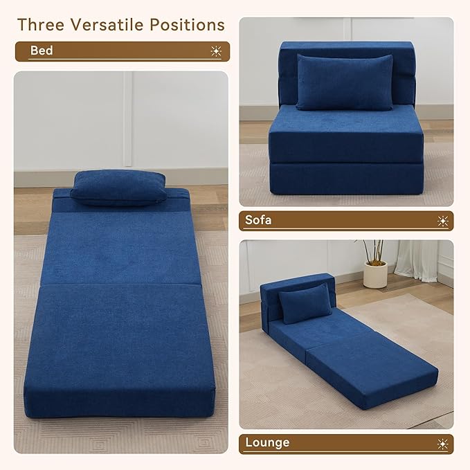 WUTUTUEE Folding Sofa Bed Convertible Floor Couch Foldable Chair Bed with Pillow，Linen Sleeper Chair Futon,Foldable Memory Foam Mattress for Bedroom/Living Room/Dorm/Office (Navy, Single)