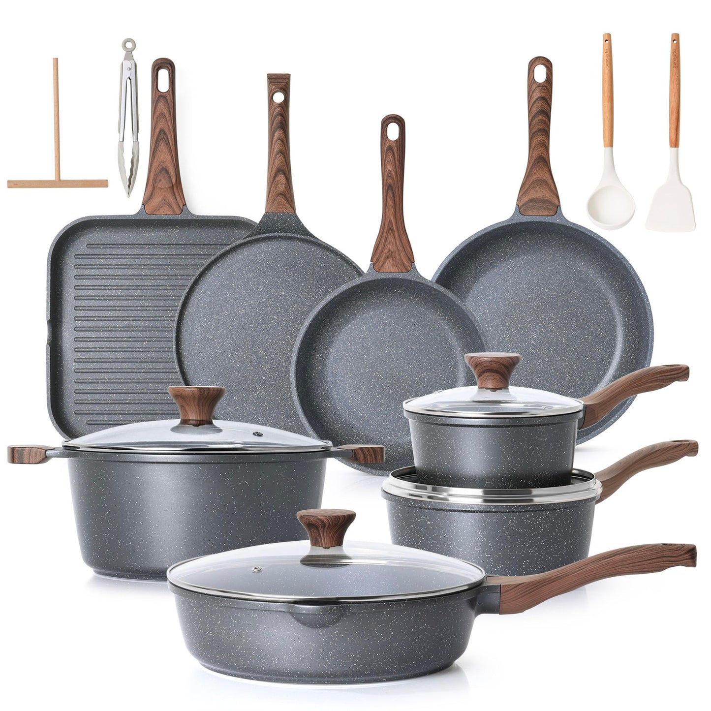 SENSARTE Nonstick Granite Cookware Set, 23 PCS Pots and Pans Non Toxic, PFOA & PFOS Free, Healthy Non Stick Granite Stone Coating Kitchen Cooking Set with Stay-Cool Handles, Gray