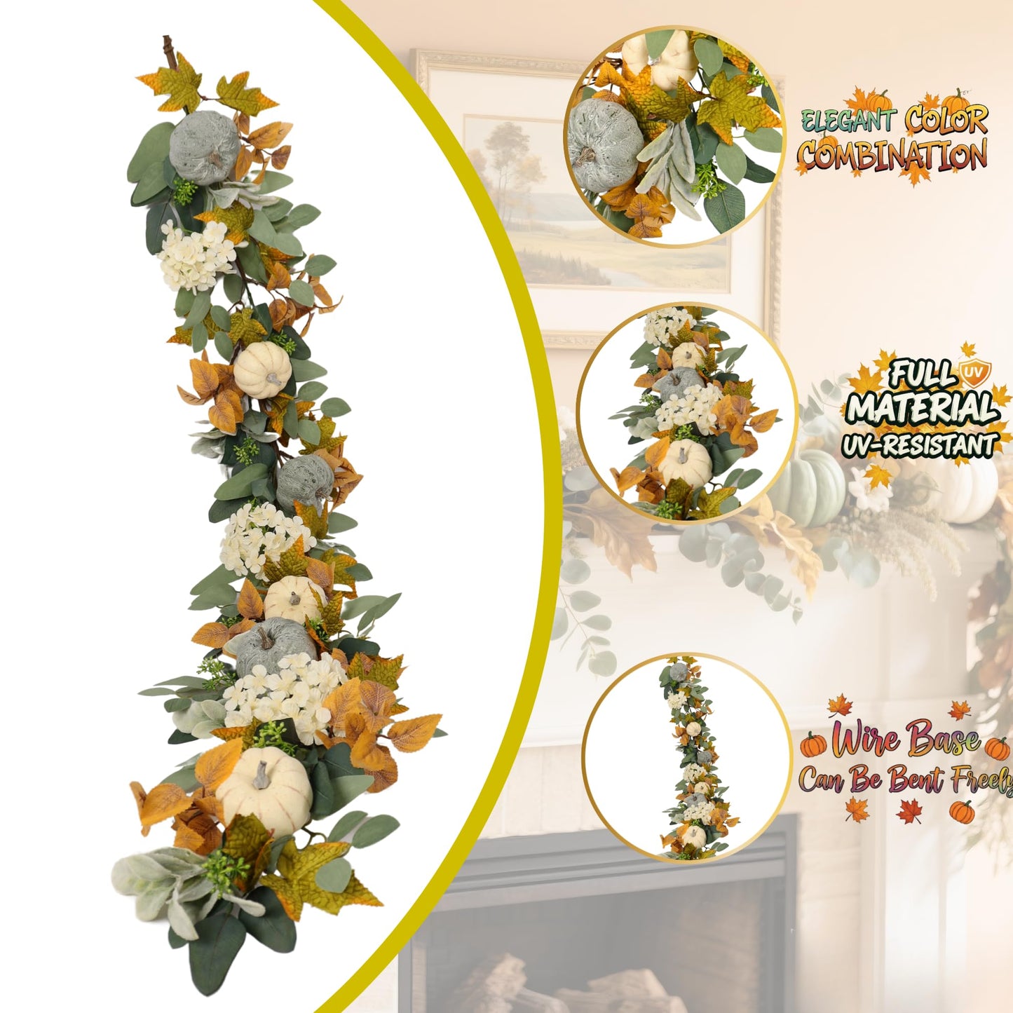 Fall Pumpkin Garland 60 Inch (5 Ft), Quixem Autumn Eucalyptus & Lambs Ear Garland with White Hydrangea Accents, for Thanksgiving Halloween Mantel Decor Table Centerpiece Home Wall Farmhouse Indoor