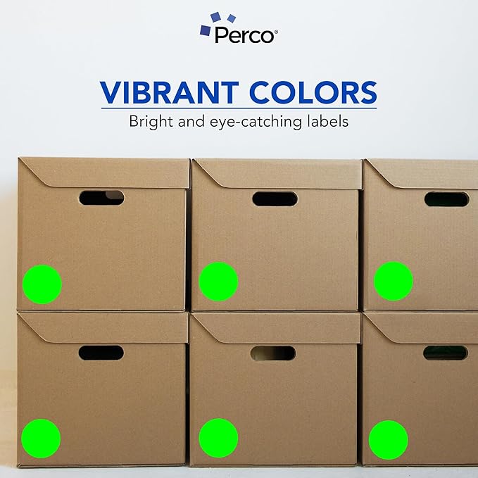 Perco Fluorescent Green 3-Inch Perforated Circle Dot Sticker Labels — 10 Rolls, 5,000 Round Stickers — with Permanent Adhesive for Moving Boxes, Sale Signage, Displays, Status Messaging—Made in USA