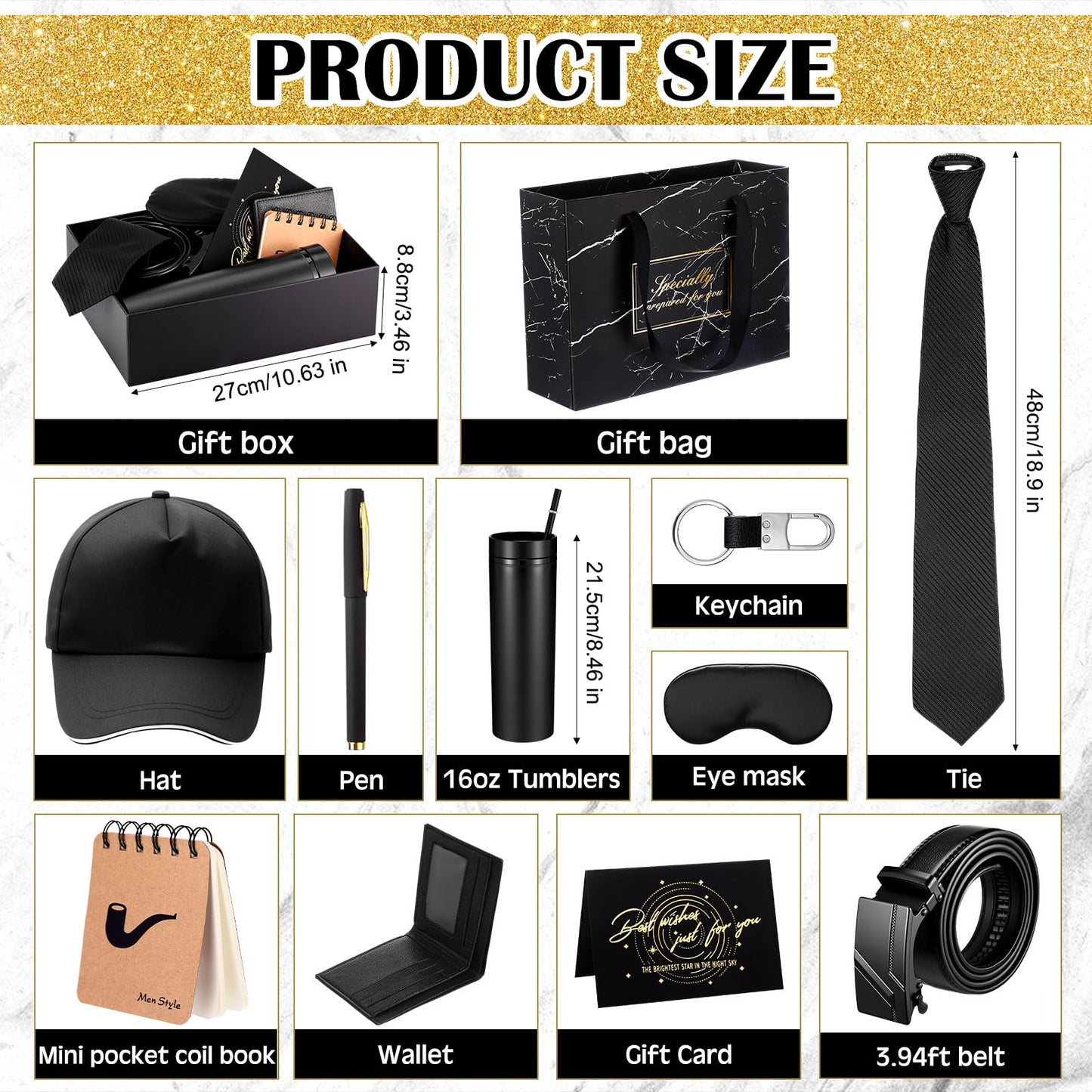AmazingSpark 2 Pcs Birthdays Gift Baskets for Men Box 16 oz Tumbler Wallet Eye Mask PU Leather Belt Tie Keychain Pen Journal Hat Card Set for Dad Husband Brother(Business Gift Box)