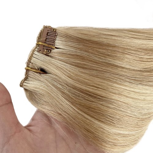 Clip in Hair Extensions Balayage Beige Blonde to Honey Blonde Brazilian Hair 70g 5pcs Per Set Real Human Hair Extensions Clip in Double Weft Silky Straight Clip on Extensions for Women 22 Inch