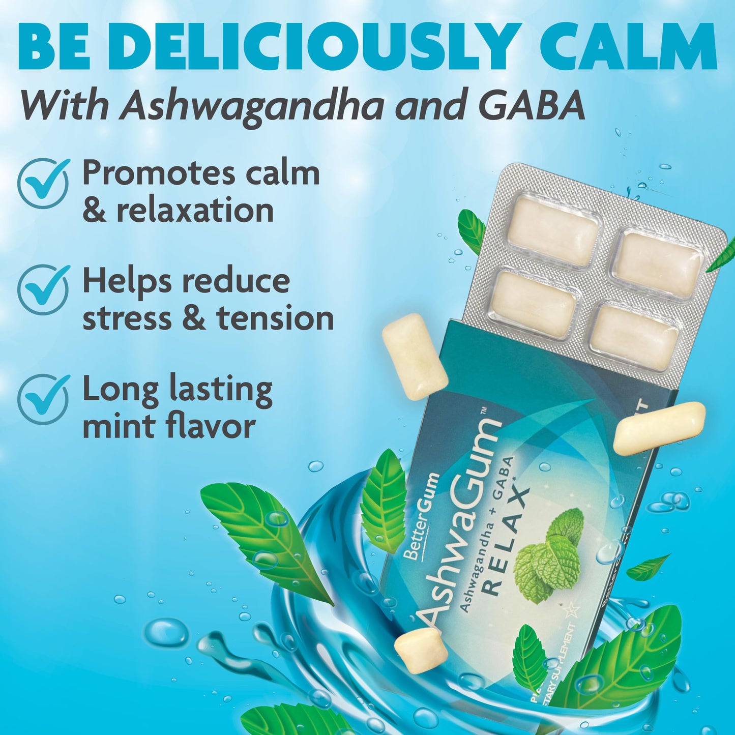 AshwaGum RELAX Gum by BetterGum, High Potency Supplement with KSM 66 Ashwagandha and Gaba, Supports Stress and Anxiety Relief, Cortisol Support, Alternative to Gummies, Sugar-Free, 10 Pieces - 6 Pack