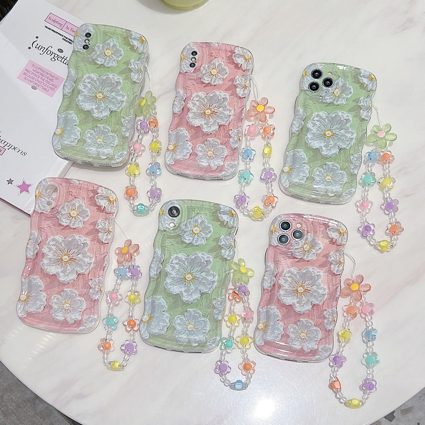 For Iphone 11 Pro Curly Wavy Case, Cute Colorful Retro Oil Painting Flower Glossy Pattern [With Bead Chain], Slim Fit Shockproof
