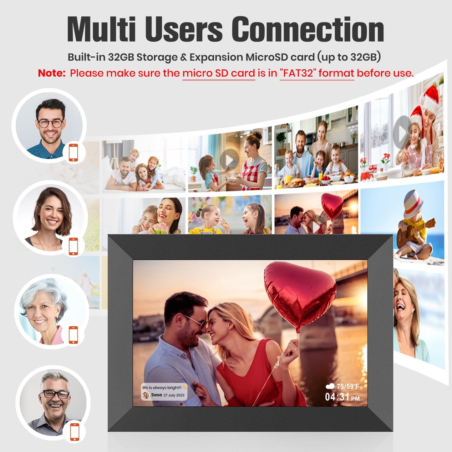 BIGASUO 10.1 Inch WiFi Digital Picture Frame, IPS HD Touch Screen Cloud Smart Photo Frames with Built-in 32GB Memory, Wall Mountable, Auto-Rotate, Share Photos Instantly from Anywhere