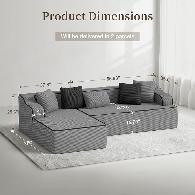 SUNSHINE VALLEY Cloud Sectional Couch for Living Room, 104'' L-Shaped Modular Sofa with Chaise, Modern Corduroy Boneless Couch with Deep Seat, No Assembly Required, Grey