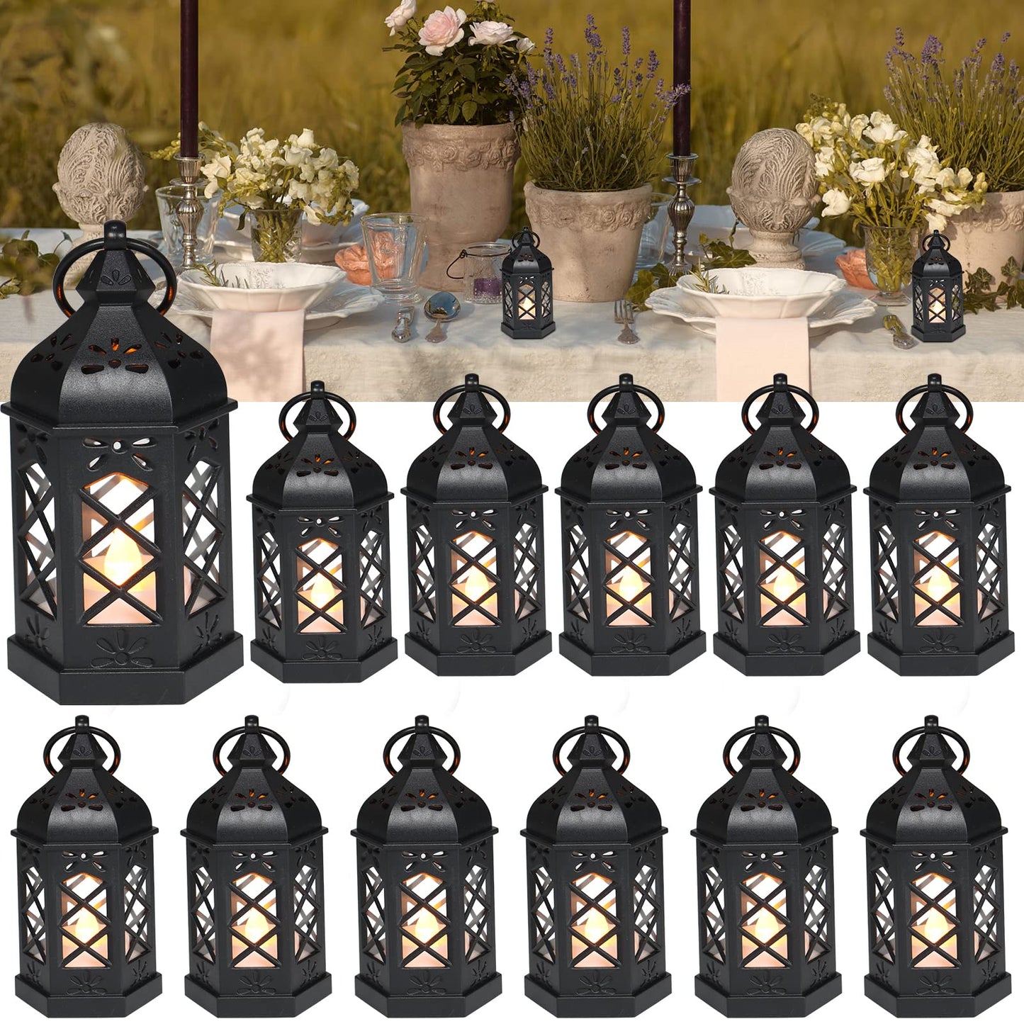 LLQ 12Pcs Mini Lantern with LED Candle, Small Black Lanterns Decorative for Halloween Decorations, Christmas Table Centerpiece, Flickering Candle Holders for Diwali Wedding Medieval Decor, Ornaments