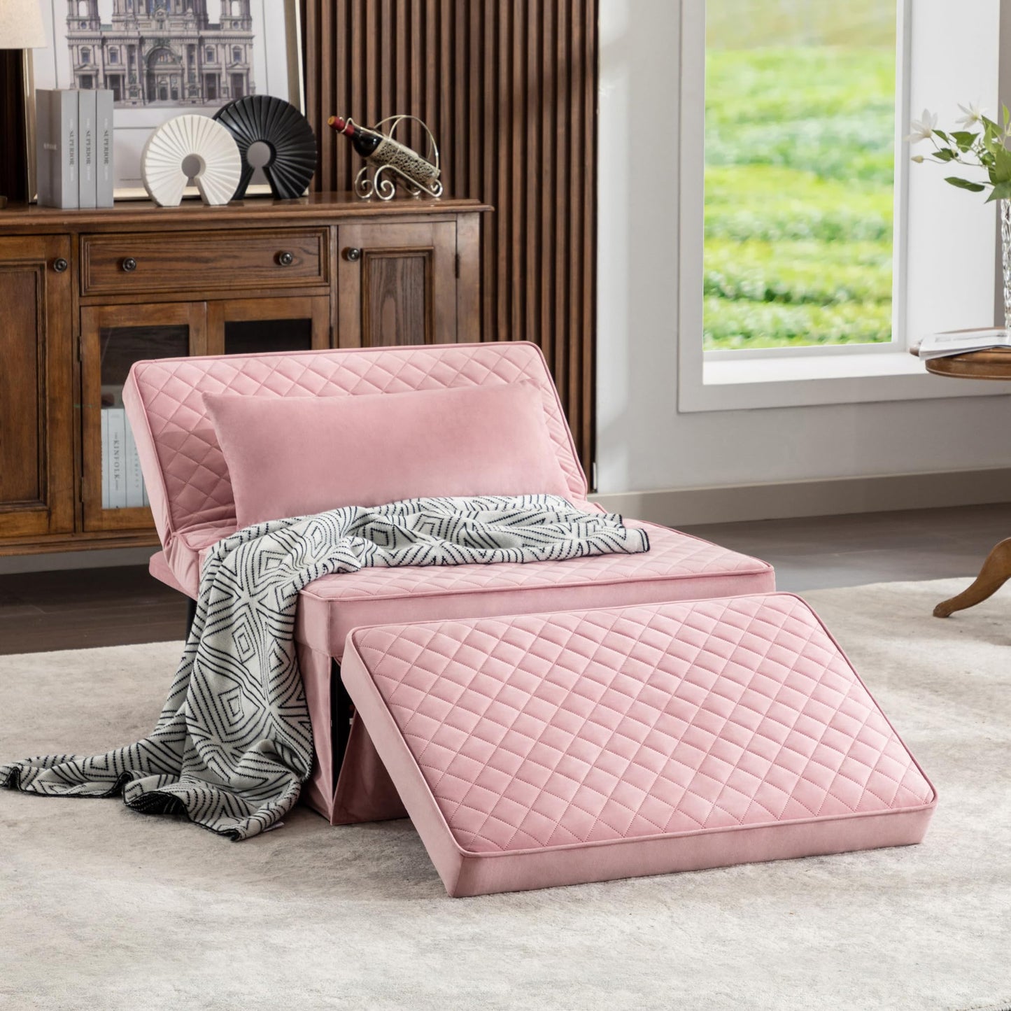 BIGSYY Sofa Bed, 4 in 1 Multi-Function Folding Ottoman Breathable Velvet Couch Bed with Adjustable Backrest Modern Convertible Chair for Living Room Apartment Office,Squared-Pink