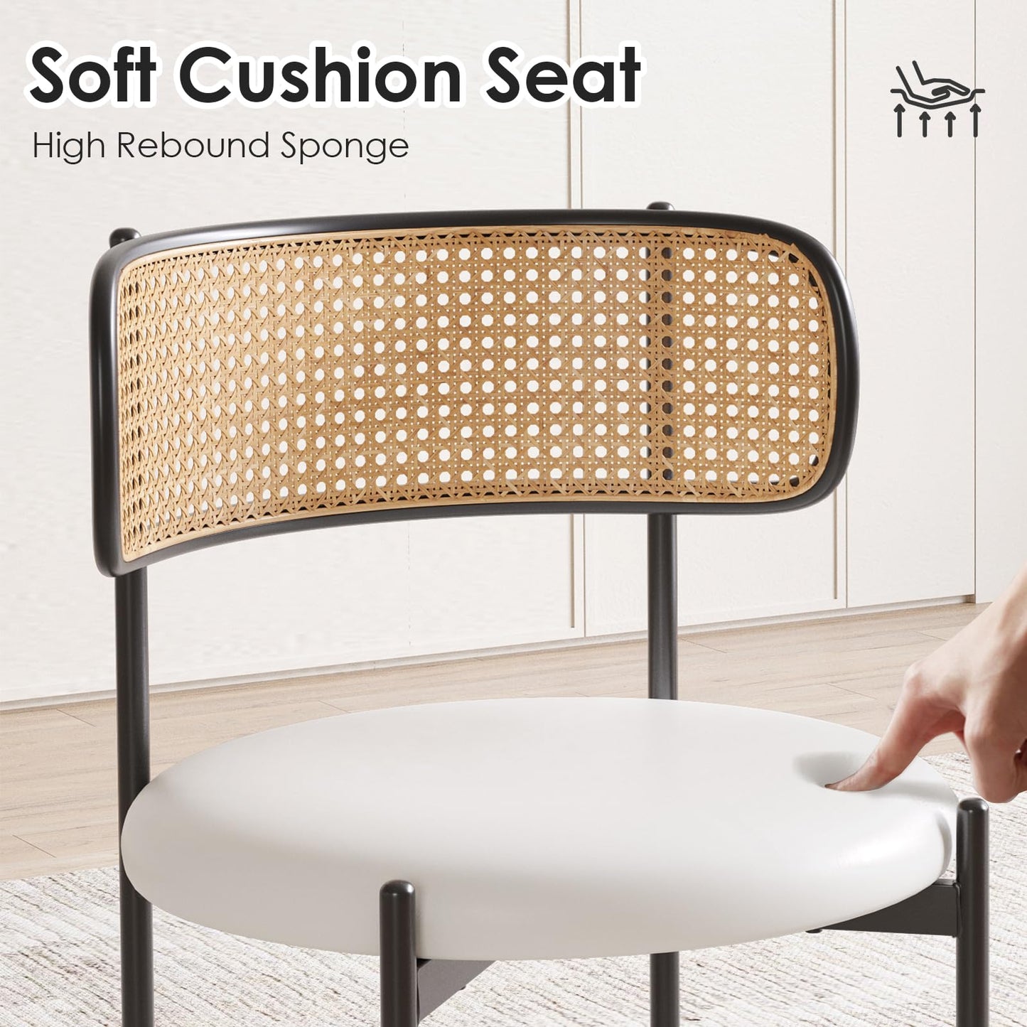 Farini Dining Chairs Set of 4, PU Leather Upholstered Seat with Woven Rattan Back, Sturdy Metal Legs Modern Side Chairs for Kitchen Living Room Restaurant, Beige