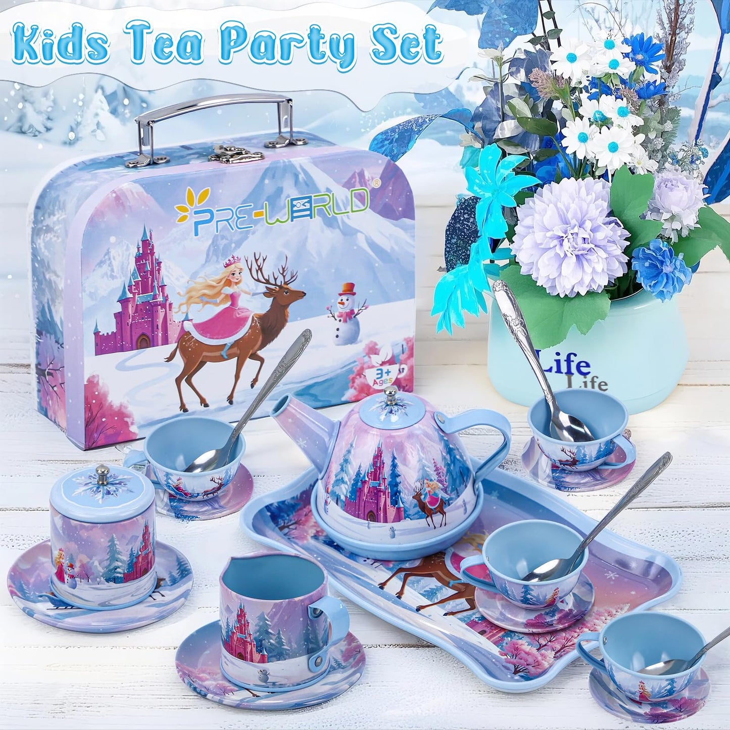 Tea Party Sets for Toddlers 3-5,PRE-WORLD Princess Tea Time Toy with Tray, Teapot, Tea Cups, Cream Pitcher, Sugar Bowl, Coasters, Plates，Kids Kitchen Pretend Play for Girls Boys Age 3 4 5 6