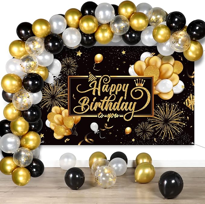 Tatuo Black and Gold Birthday Party Decorations 50 Pieces Gold Black Balloon Arch Garland Kit Happy Birthday Backdrop Bann...