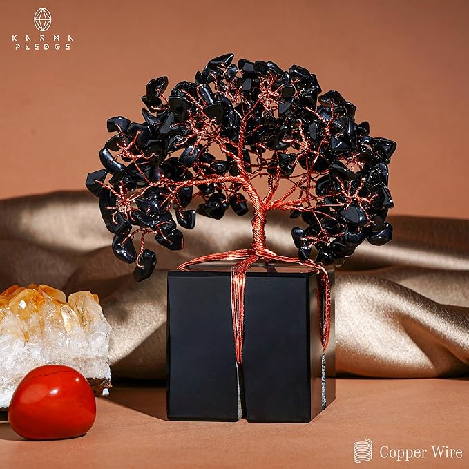 Crystal Tree of Life Feng Shui Decor for Home and Office, Blask Obsidian Chakra Healing Crystal Handmade Tree for Positive Energy, Money, Good Luck, Christmas Decor, Birthday Gifts for Women