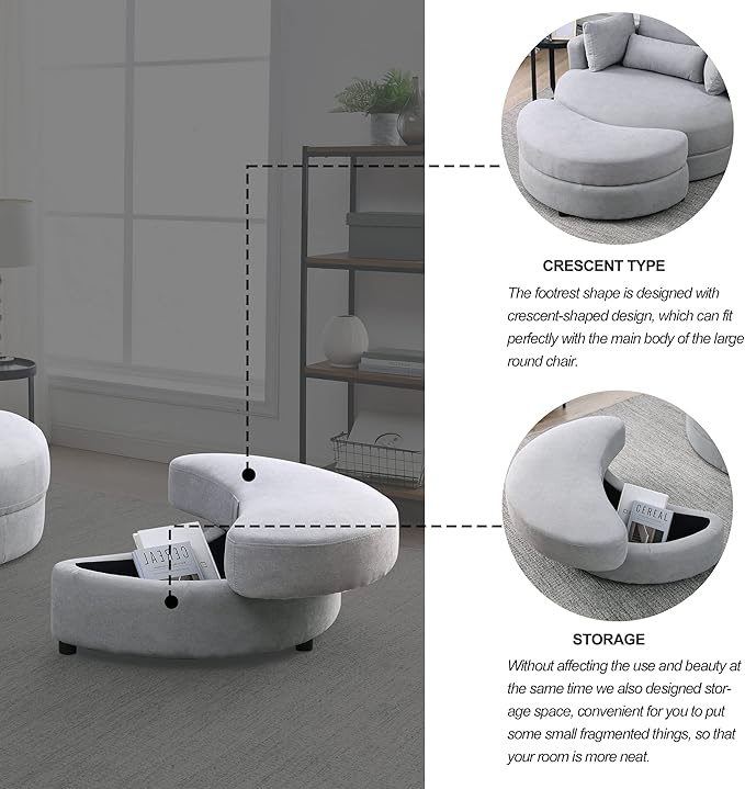 Yoglad Modern Swivel Accent Round Chair, Barrel Sofa with Storage Ottoman, Oversize Lounge Chair, Linen Fabric Round Chair with Pillows, for Living Room, Office (Light Grey, 51")