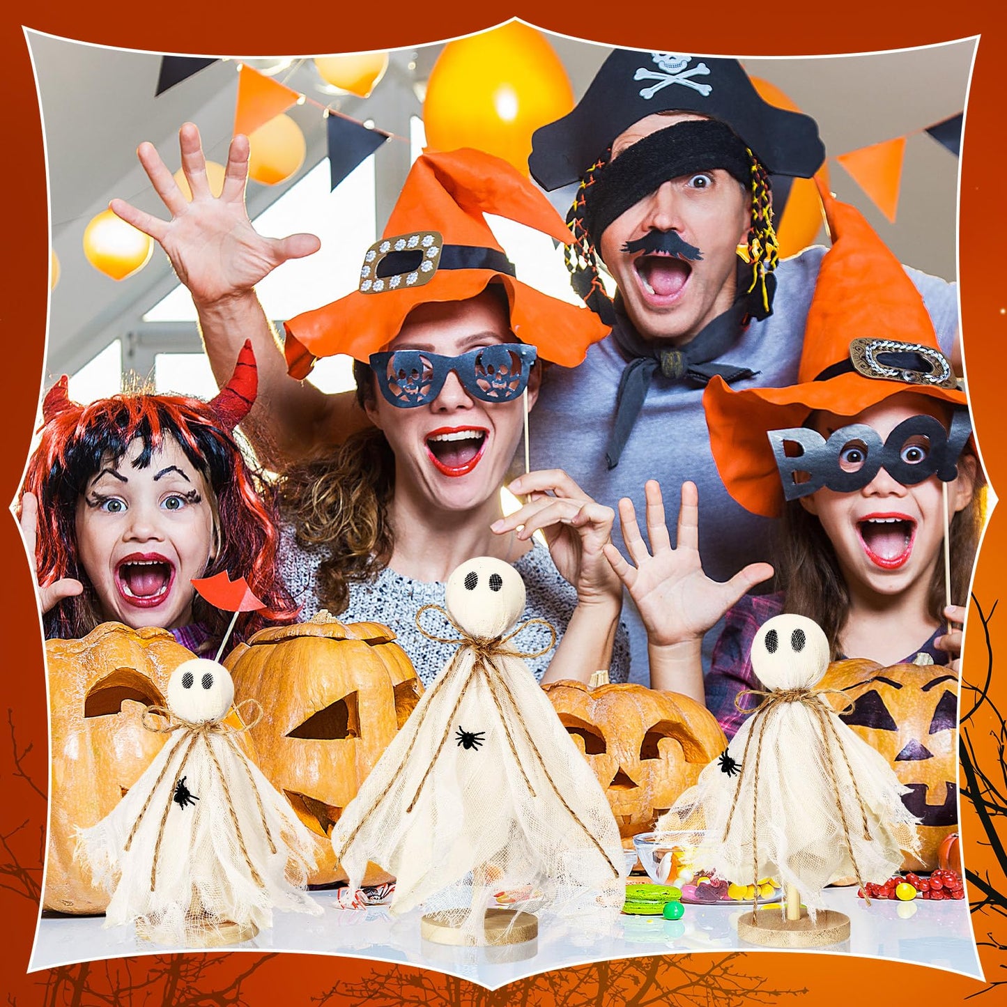 Redbaker 3 Pcs Halloween Decorations Indoor Primitive Halloween Ghost on Wooden Stand Spooky Ghost Tiered Tray Decor Rustic Table Centerpiece for Home Office Mantel Shelf Party Supplies(Beige)